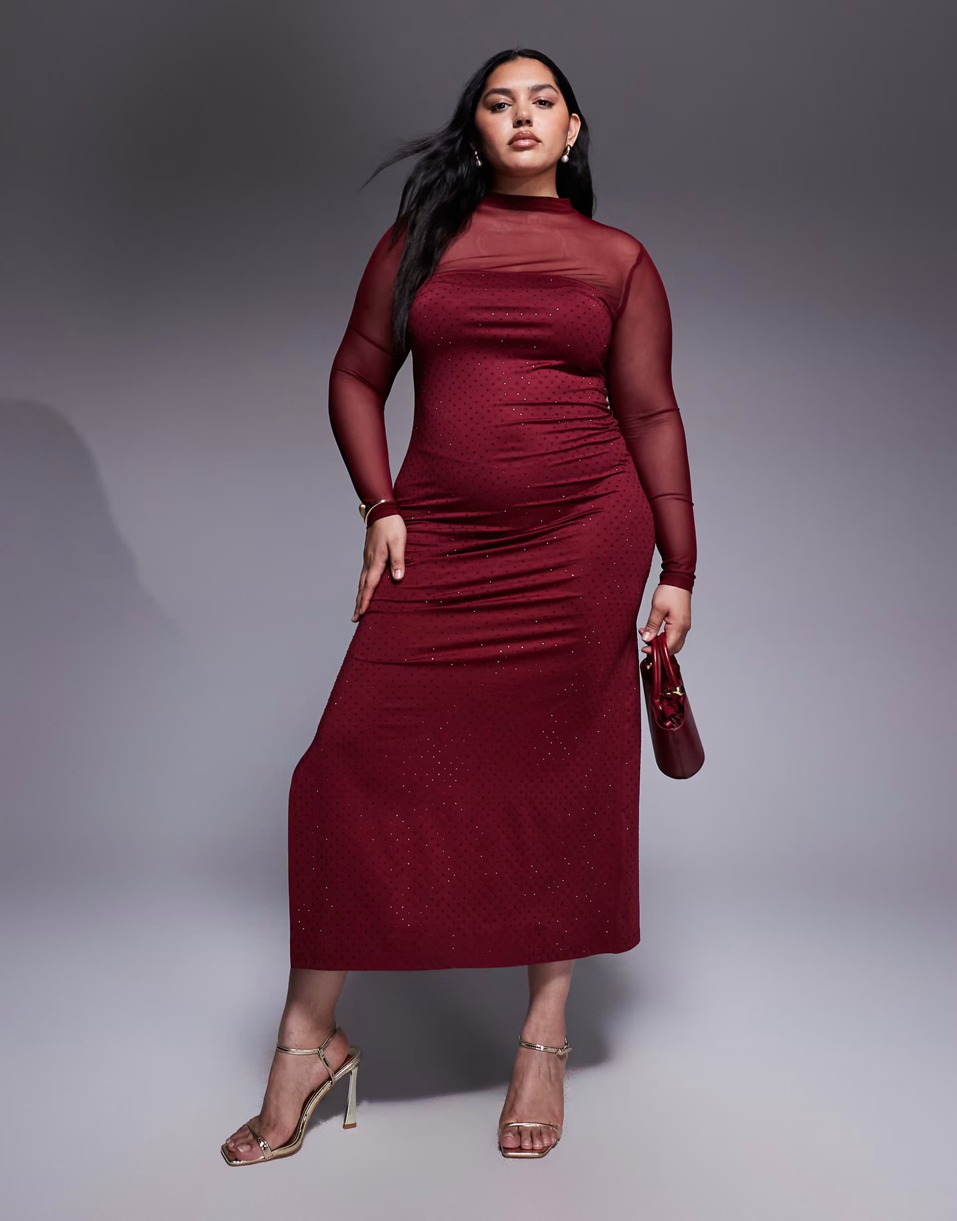 ASOS Renee Studio mesh high neck hotfix side split maxi dress in burgundy
