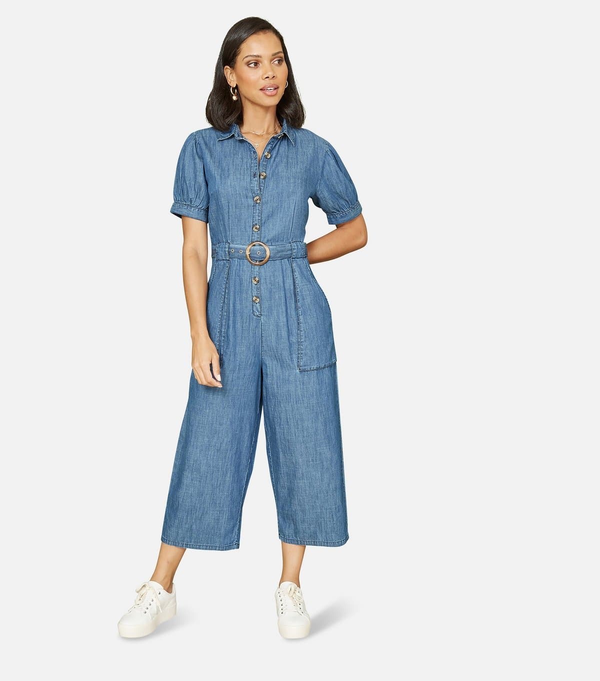 Yumi Women's Blue Denim Look Wide Leg Jumpsuit Yumi New Look