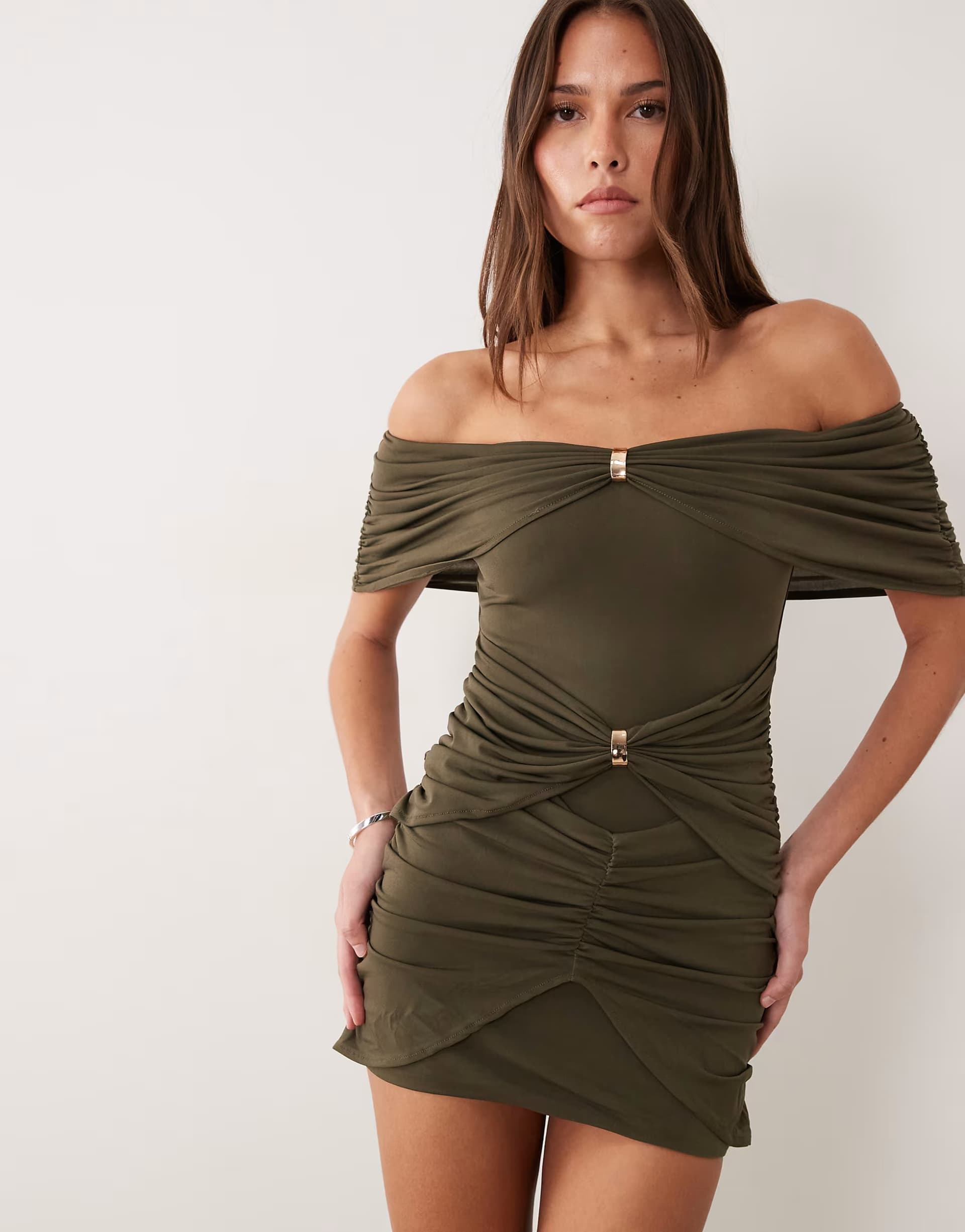 ASOS Ruched & Ready sculpted off shoulder gold hardware ruched drape detail bodycon mini dress in khaki