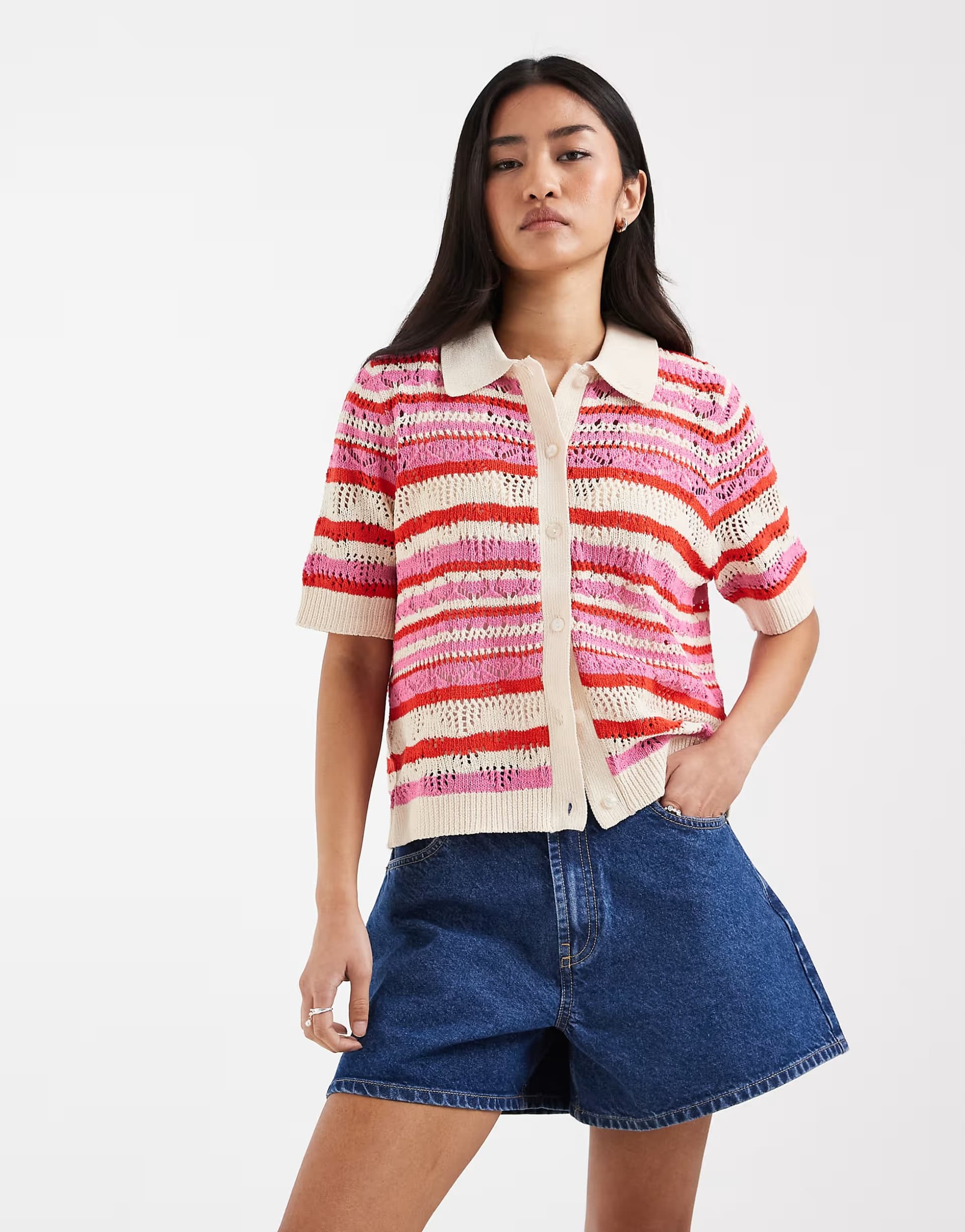 ASOS ONLY short sleeve crochet cardigan in beige & pink stripe