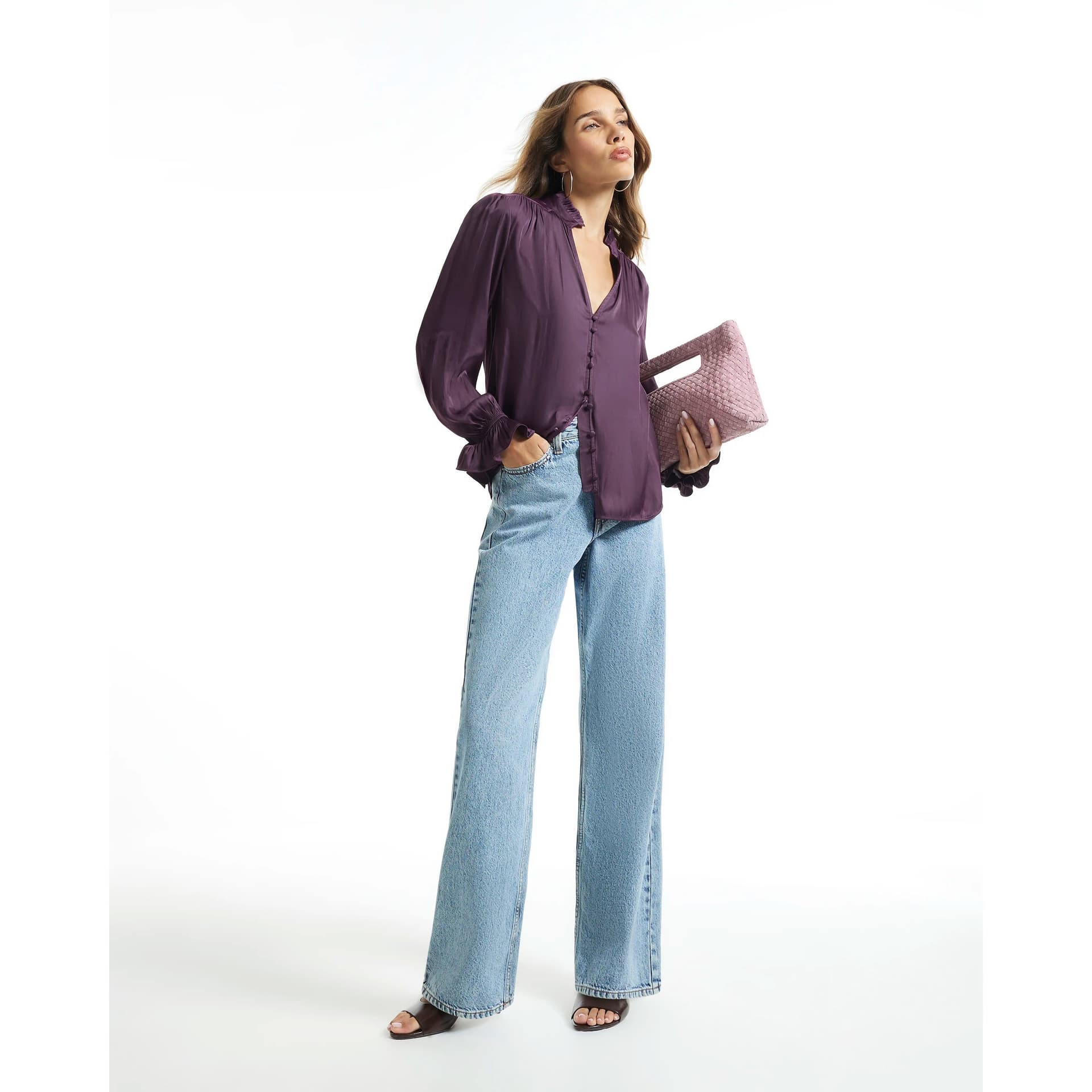River Island River Island Womens Purple Flowing Satin Button Up V Neck Top