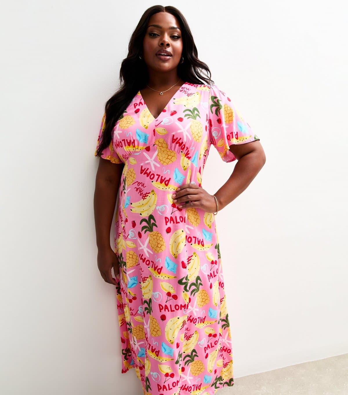 New Look Women's Plus Size Pink Tropical Print Short Sleeve Midi Tea Dress Curves New Look