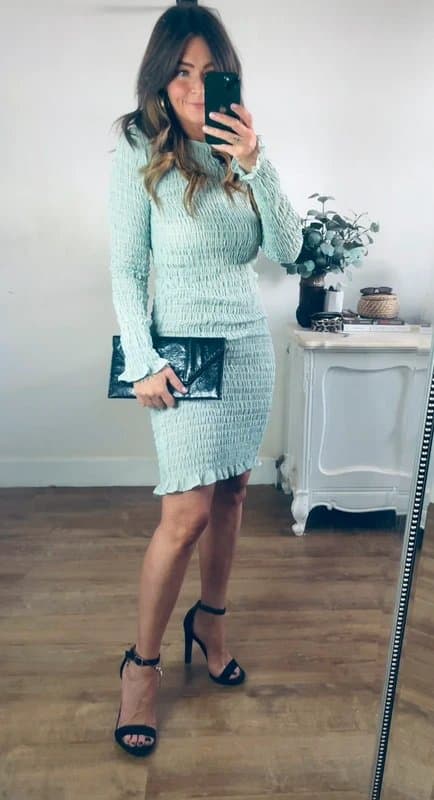 Never Fully Dressed Never Fully Dressed mint gold fleck shirred long sleeve midi dress size 8