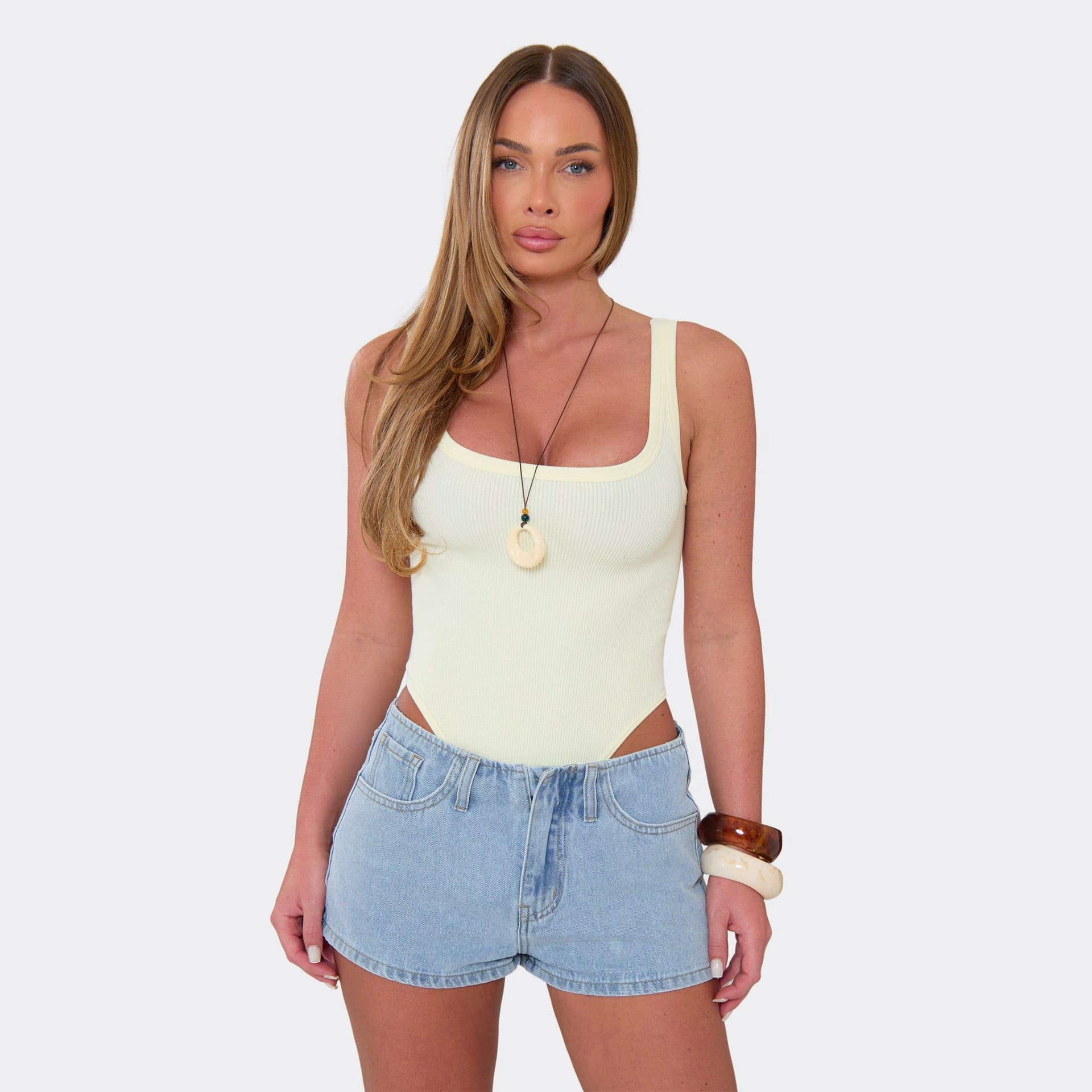 EGO Scoop Neck Contour Bodysuit In Lemon Ribbed, Women's Size UK M