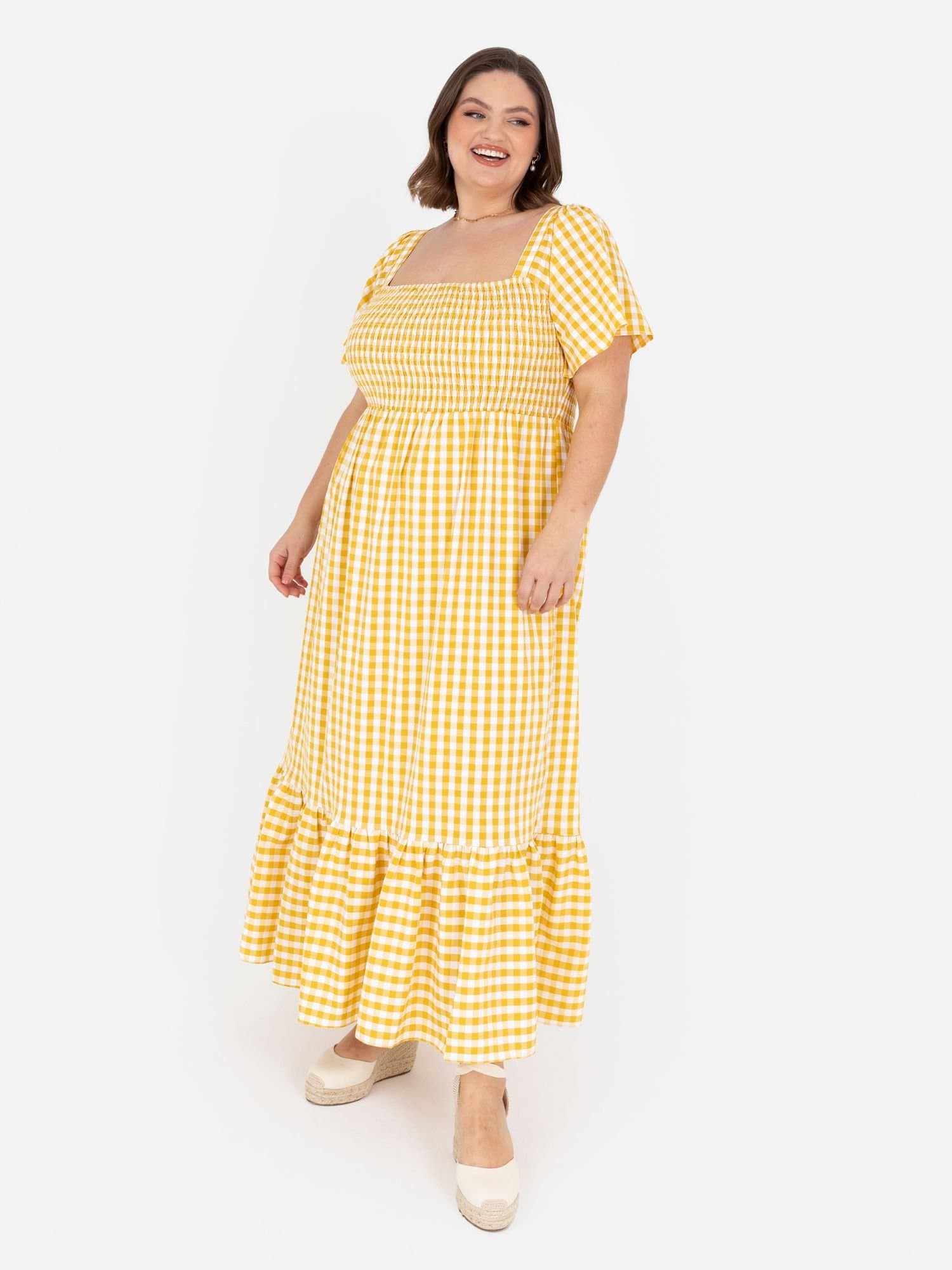 Lovedrobe Lovedrobe Women's Gingham Square Neck Short Sleeve Midaxi Dress in Yellow