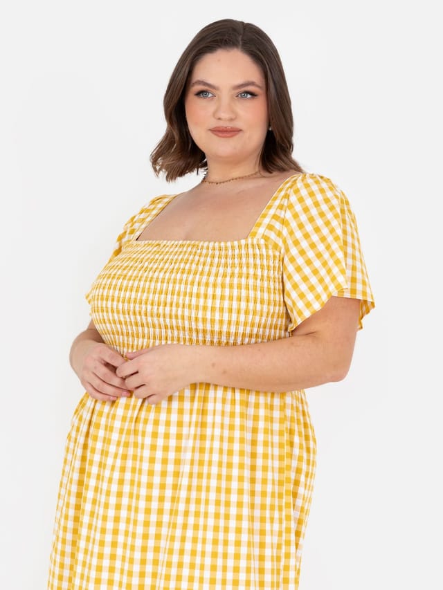 Lovedrobe Lovedrobe Women's Gingham Square Neck Short Sleeve Midaxi Dress in Yellow - 2