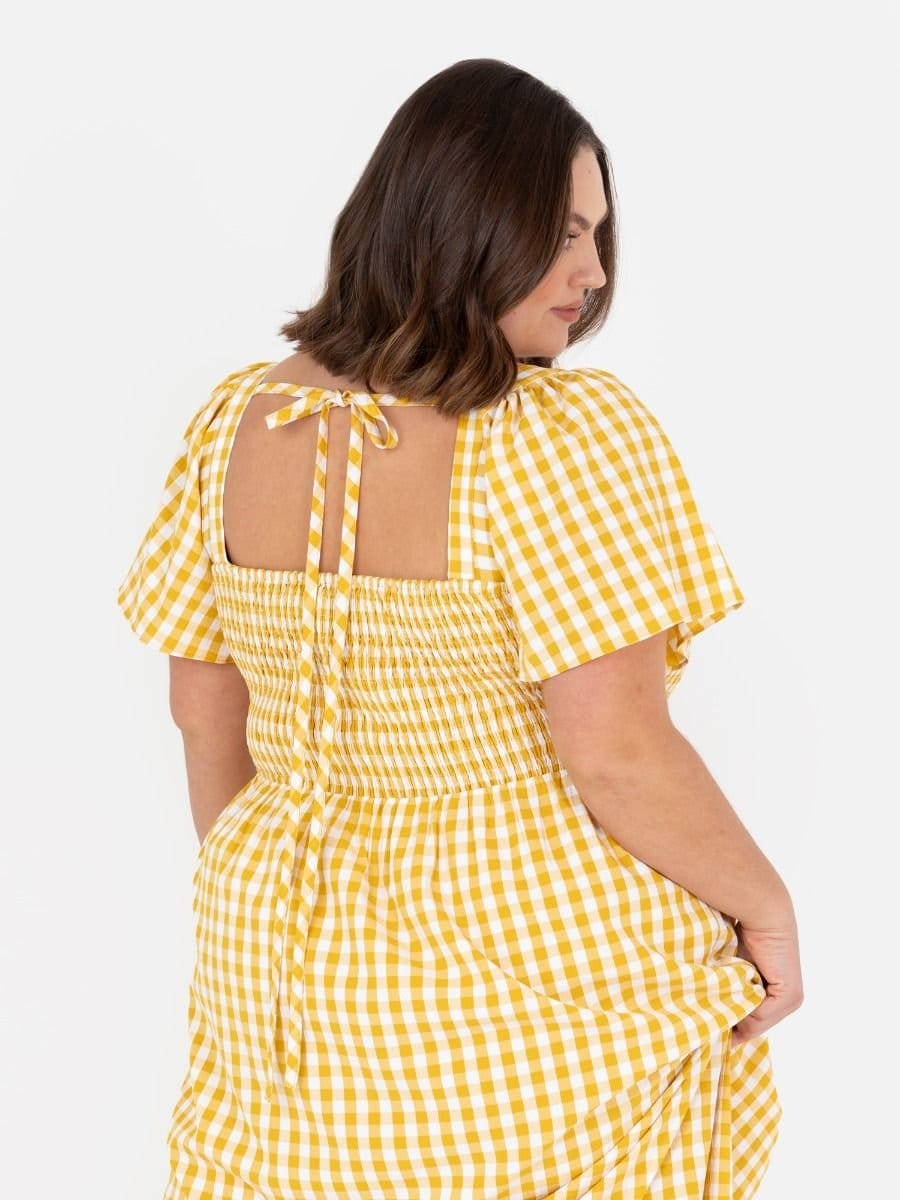 Lovedrobe Lovedrobe Women's Gingham Square Neck Short Sleeve Midaxi Dress in Yellow - 4