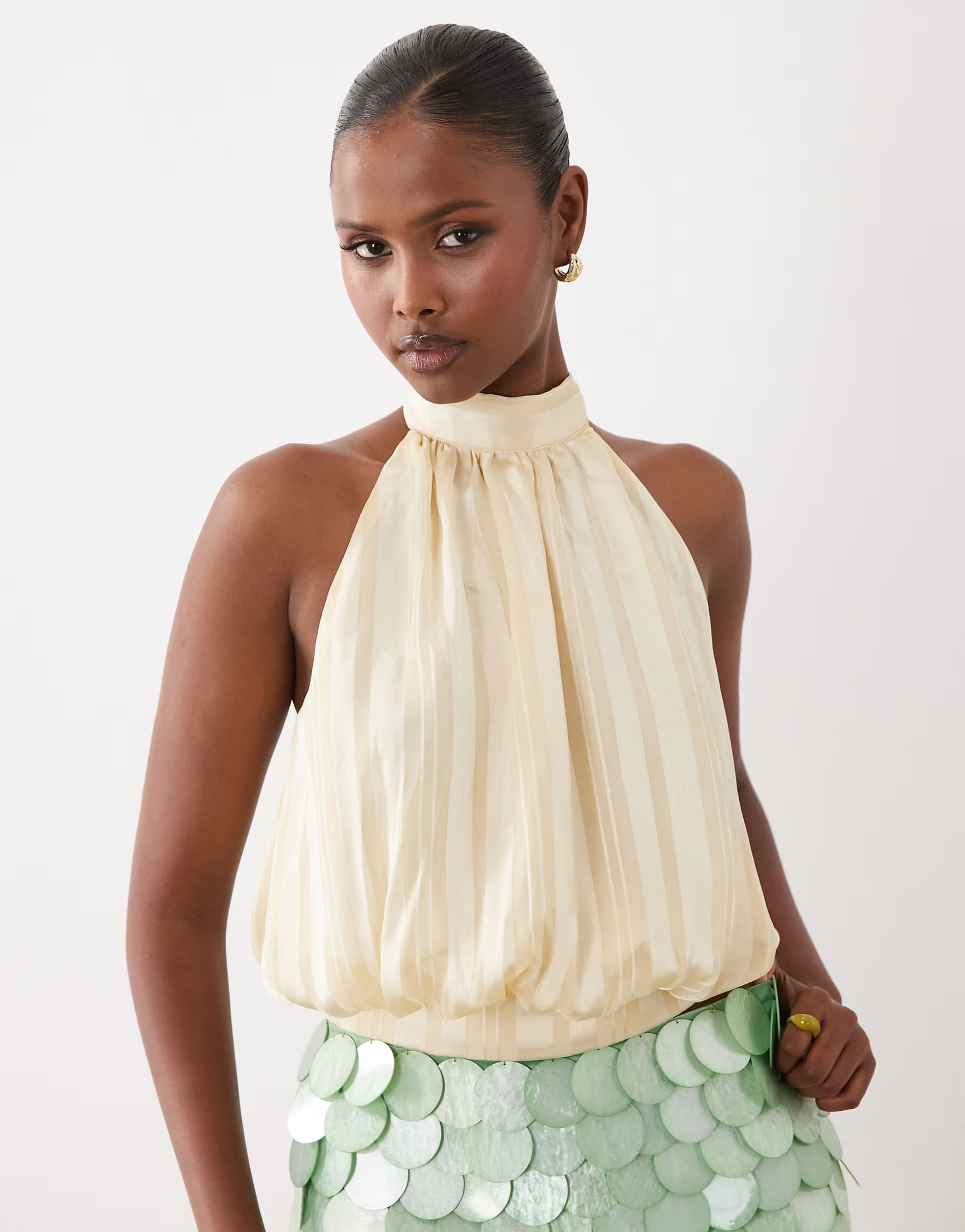 ASOS Missyempire satin high neck bubble hem top in lemon