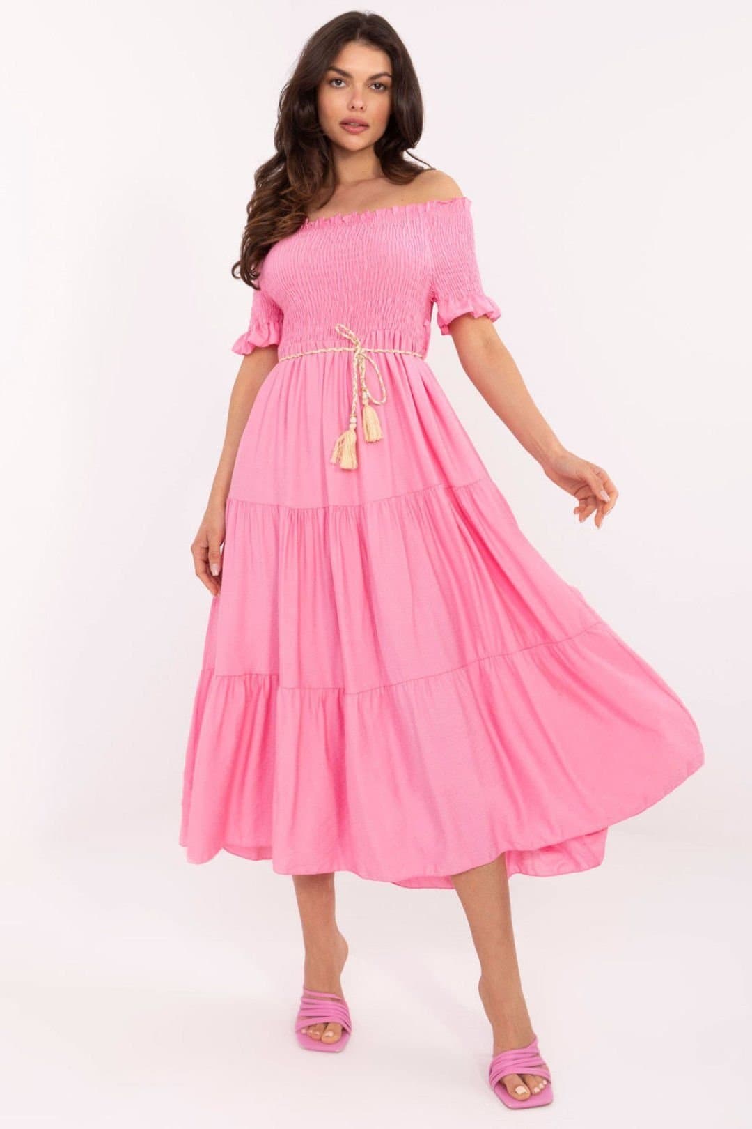Love Lace Love Lace Women's Flared Summer Midi Dress with Tie Belt in Pink