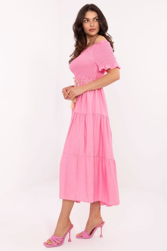 Love Lace Love Lace Women's Flared Summer Midi Dress with Tie Belt in Pink - 2