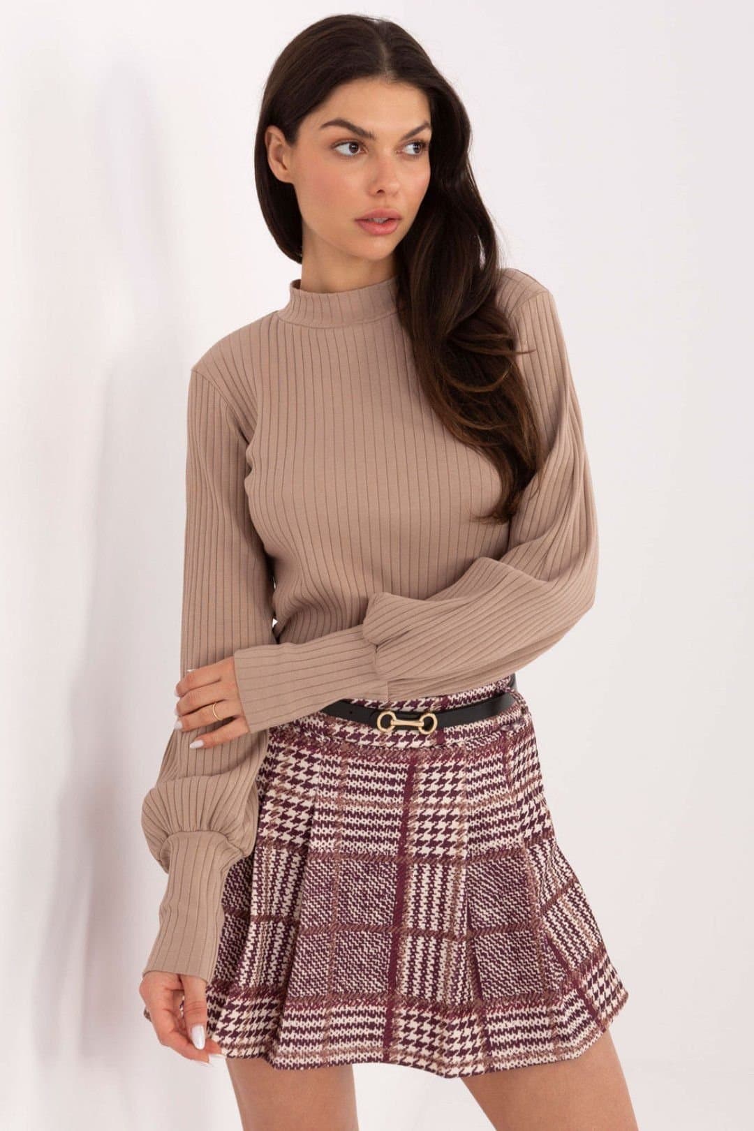 Love Lace Love Lace Women's Cotton Elastane Puff Sleeve Turtleneck Blouse in Beige
