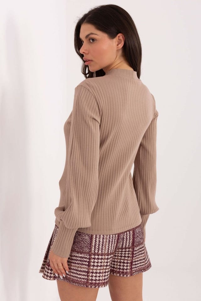 Love Lace Love Lace Women's Cotton Elastane Puff Sleeve Turtleneck Blouse in Beige - 3