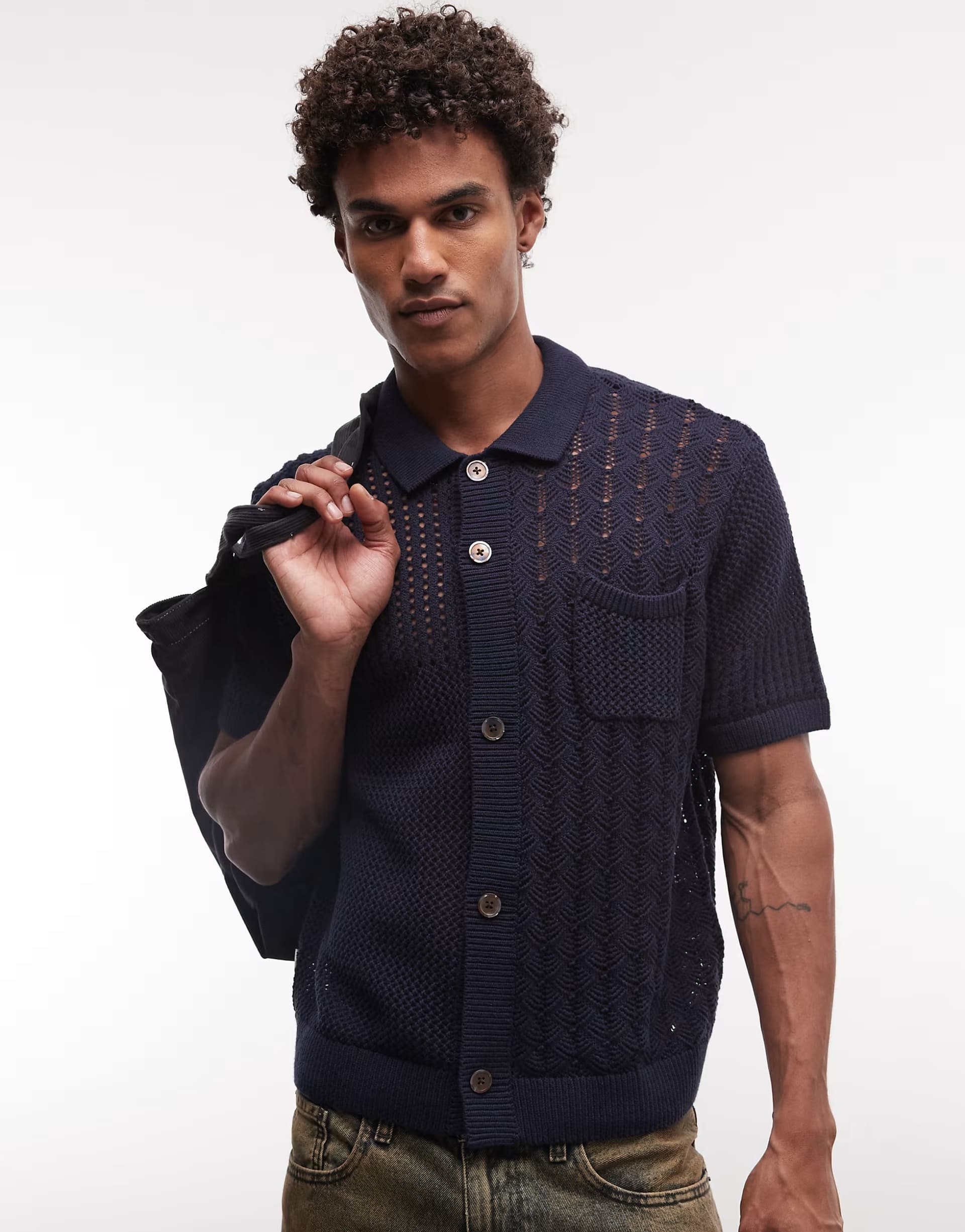 ASOS Obey preston knitted button up shirt in navy