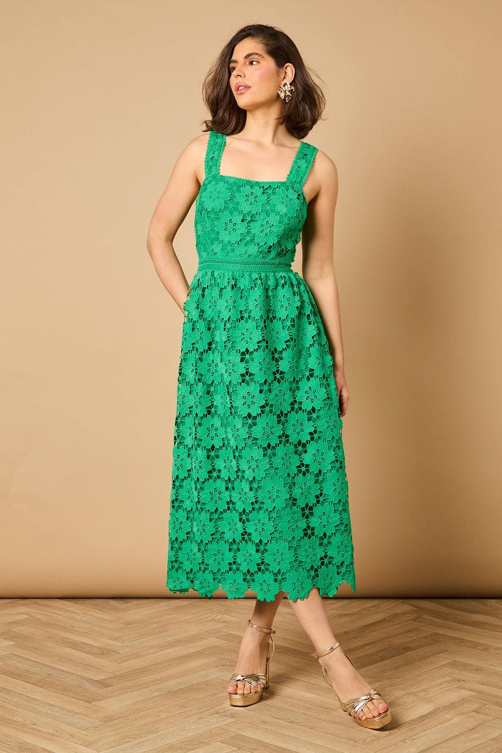 Oasis Oasis Women's Floral Lace Detail Square Neck Midi Dress in Emerald - 2