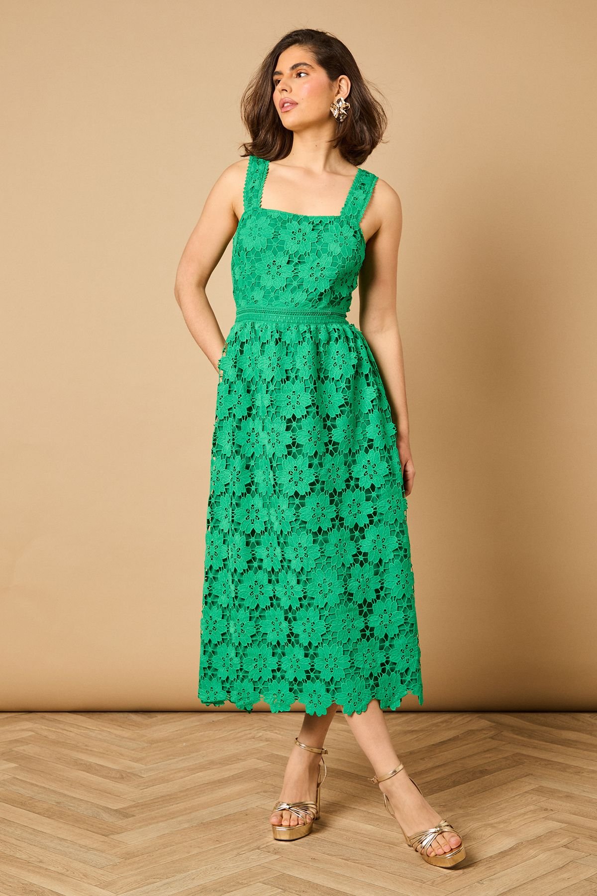 Oasis Oasis Women's Floral Lace Detail Square Neck Midi Dress in Emerald - 4