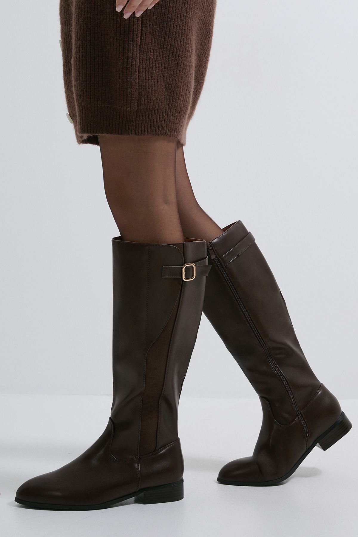Dorothy Perkins Dorothy Perkins Women's Kamille Faux Leather Elastic Knee High Riding Boots in Brown - 2