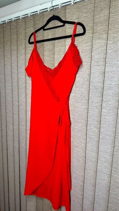 Vestry Vestry red lace trim wrap midi dress size 12 BNWOT