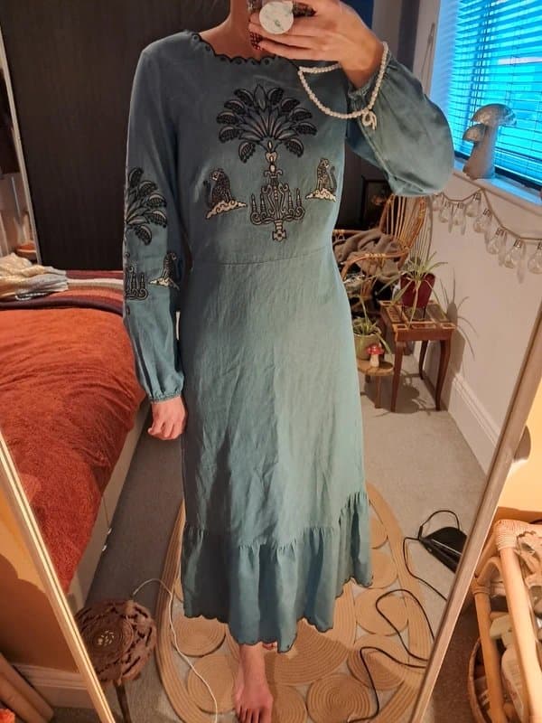 Never Fully Dressed Never Fully Dressed long denim embroidered midi leopard dress size 6