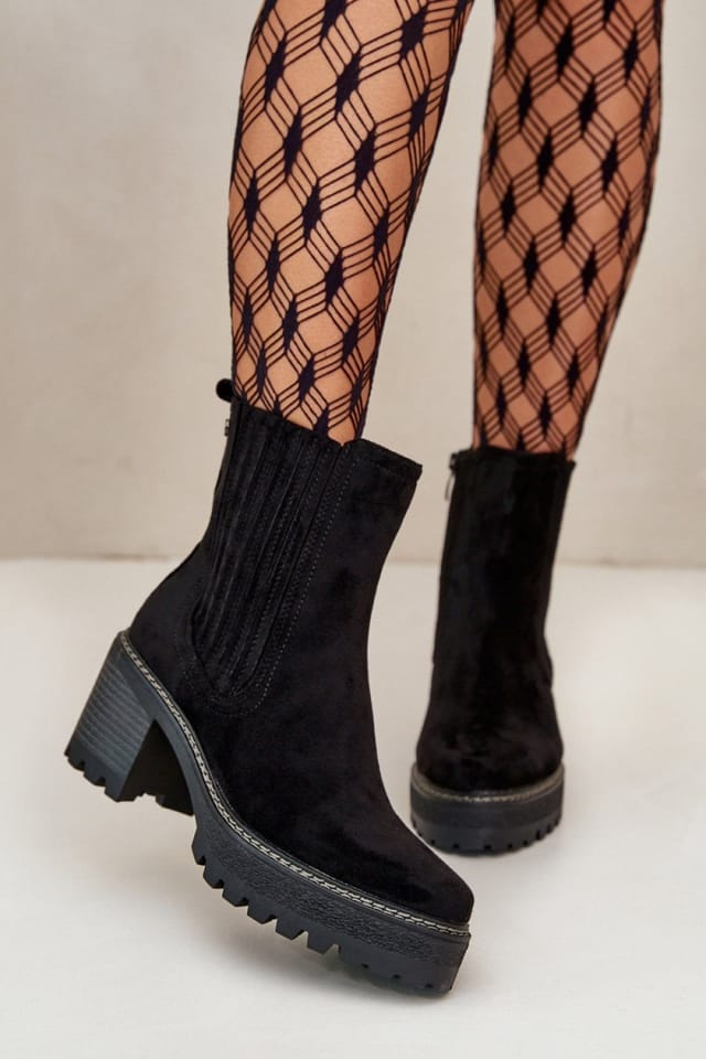 Love Lace Love Lace Women's Insulated Suede Ankle Boots with Zipper Pillar Heel Round Toe in Black - 2