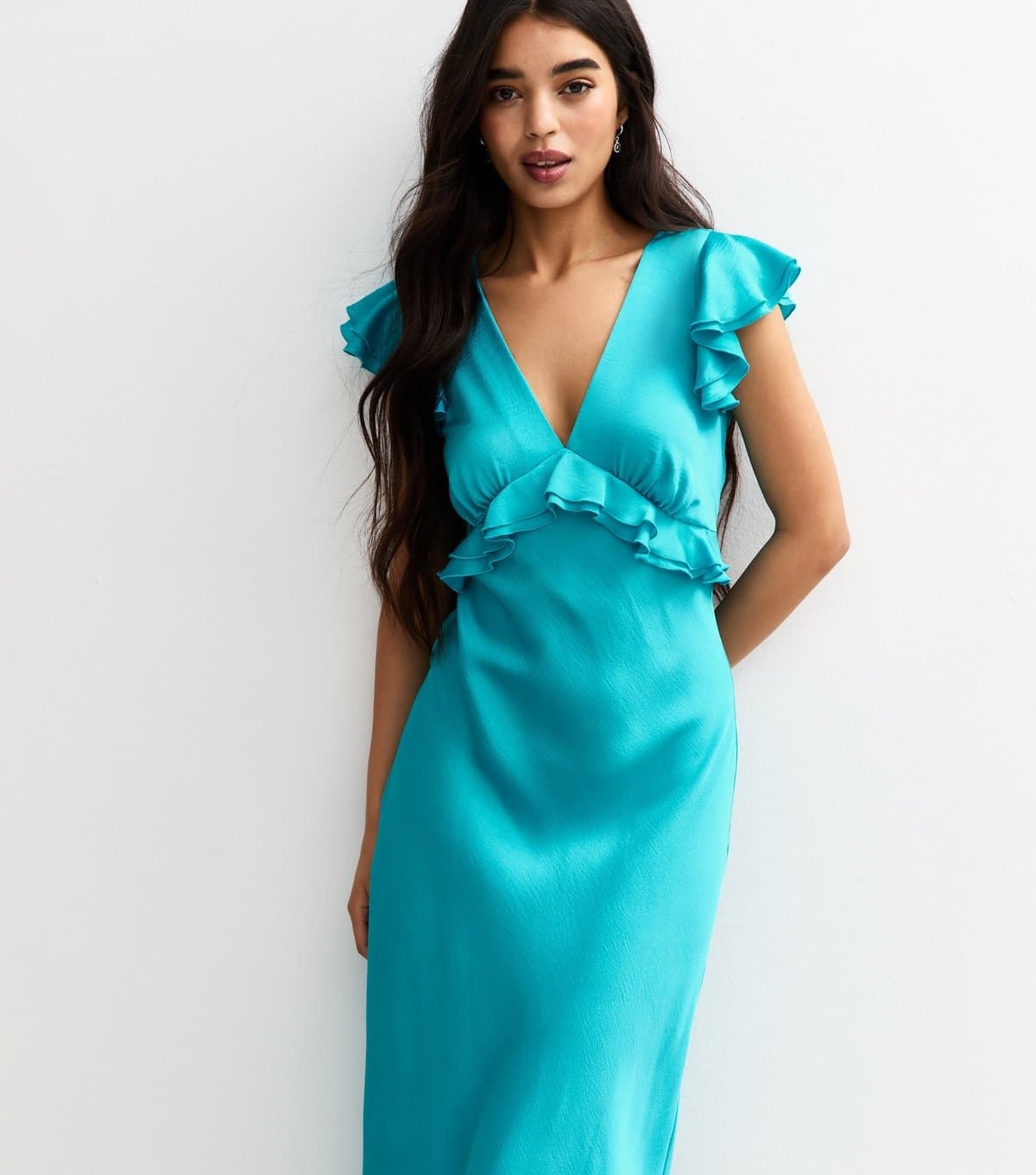 New Look Women's Turquoise Ruffled Satin V-Neck Midi Dress New Look