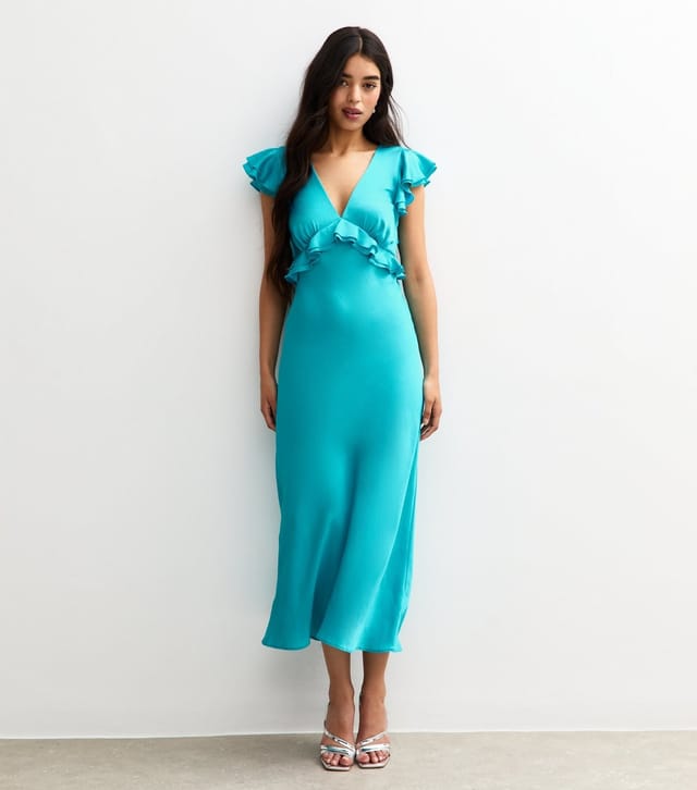 New Look Women's Turquoise Ruffled Satin V-Neck Midi Dress New Look - 2