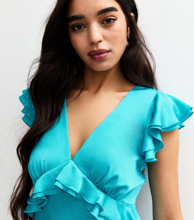 New Look Women's Turquoise Ruffled Satin V-Neck Midi Dress New Look - 3