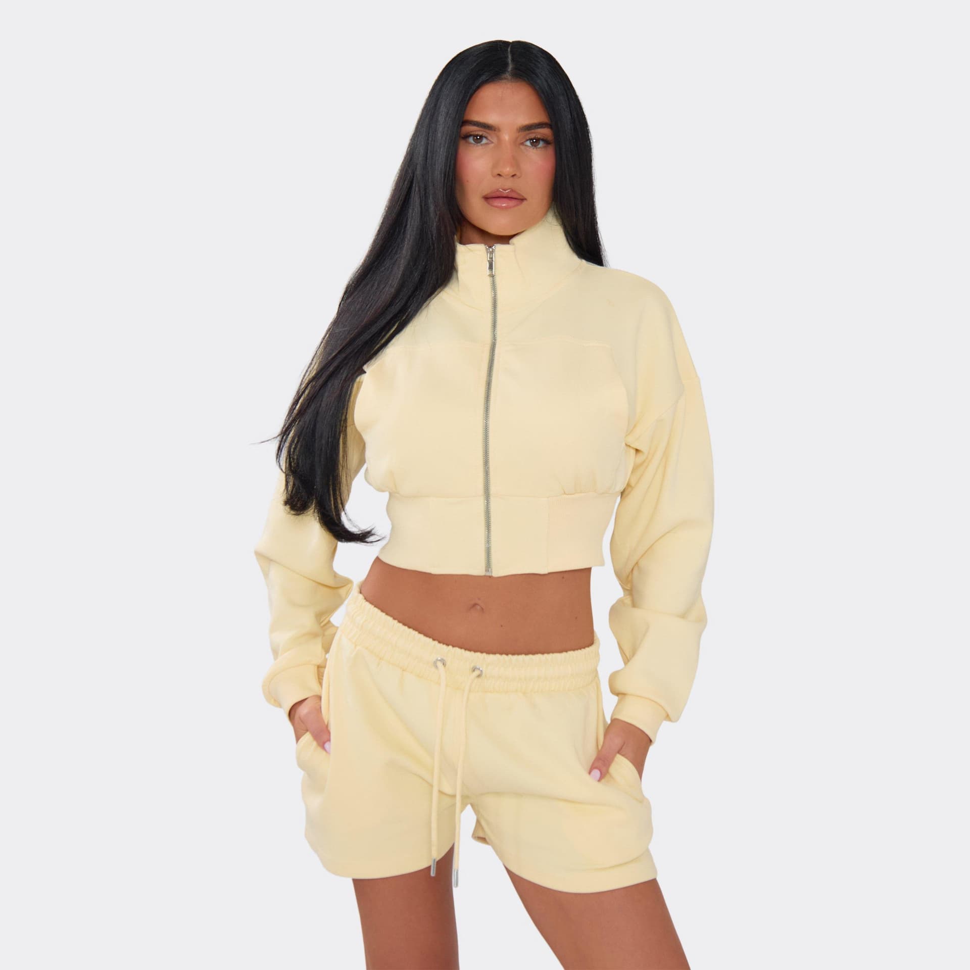 EGO Long Sleeve Zip Up Jacket And Drawstring Waist Sweat Shorts Co-Ord Set In Lemon, Women's Size UK M