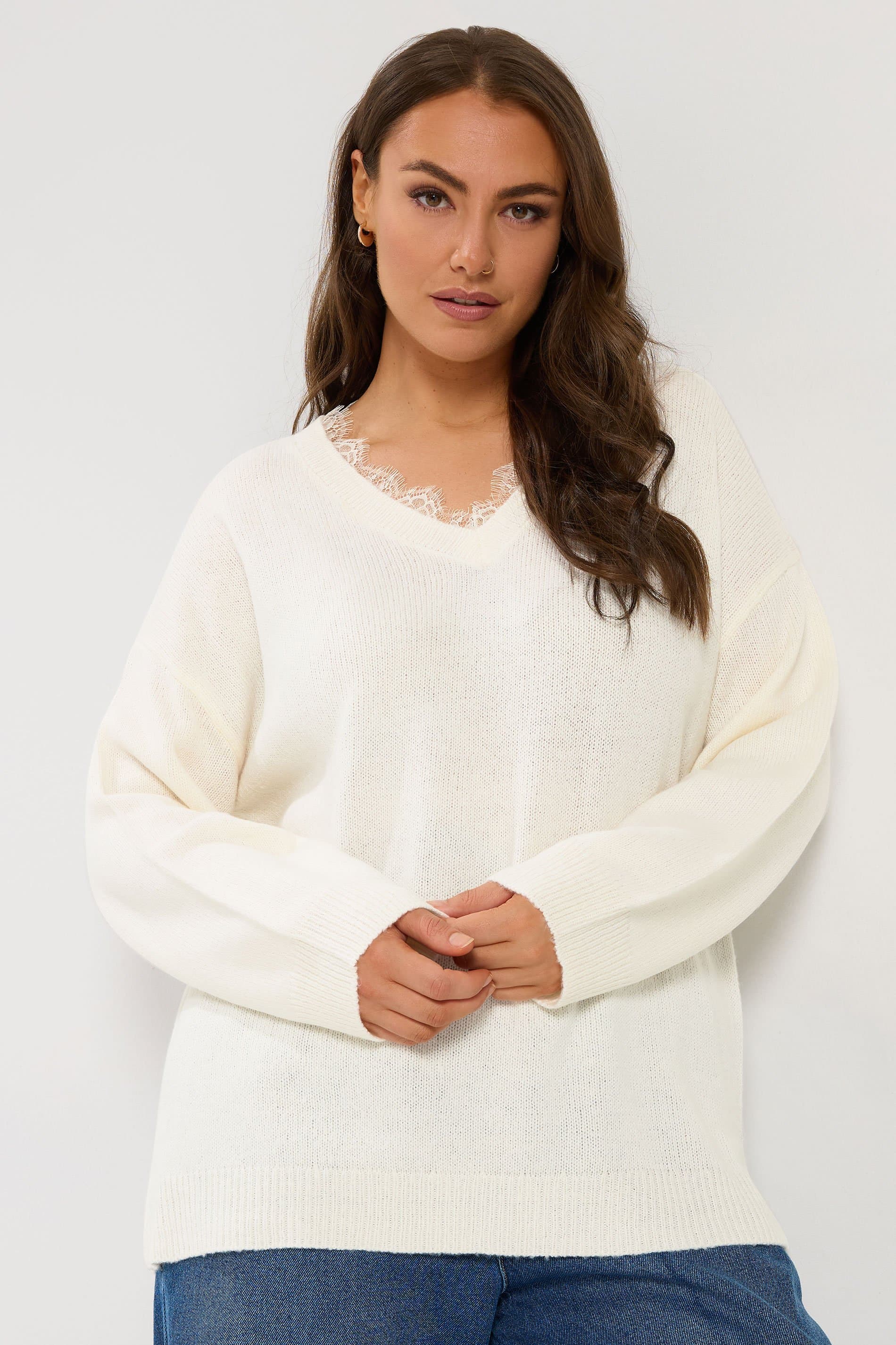 Yours Plus Size Cream Lace Vneck Knitted Jumper