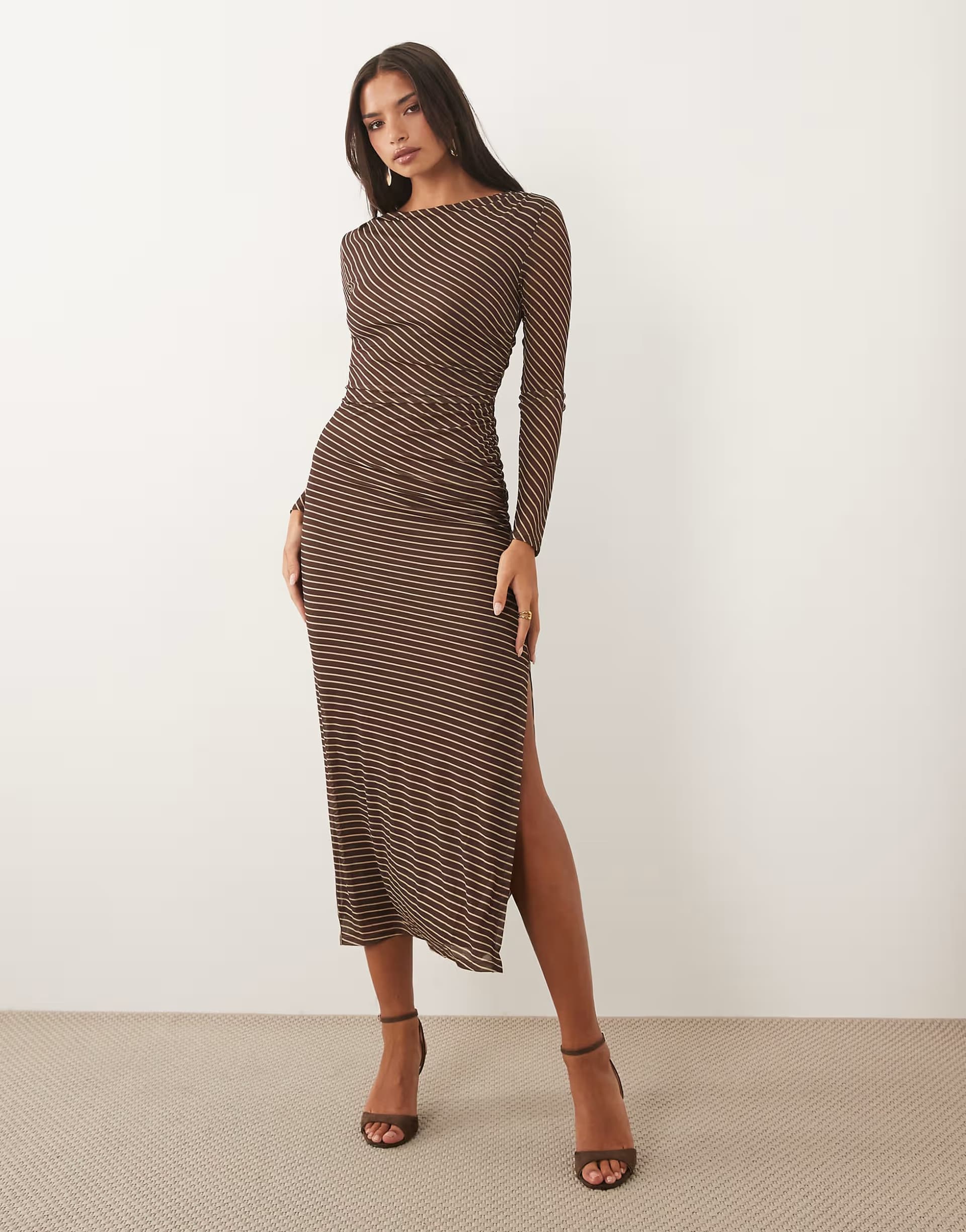 ASOS Forever New mesh slash neck maxi dress in brown stripe