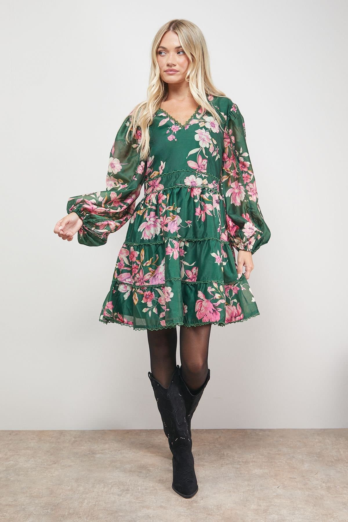 Oasis Oasis Women's Printed Trim Detail V Neck Tiered Mini Dress