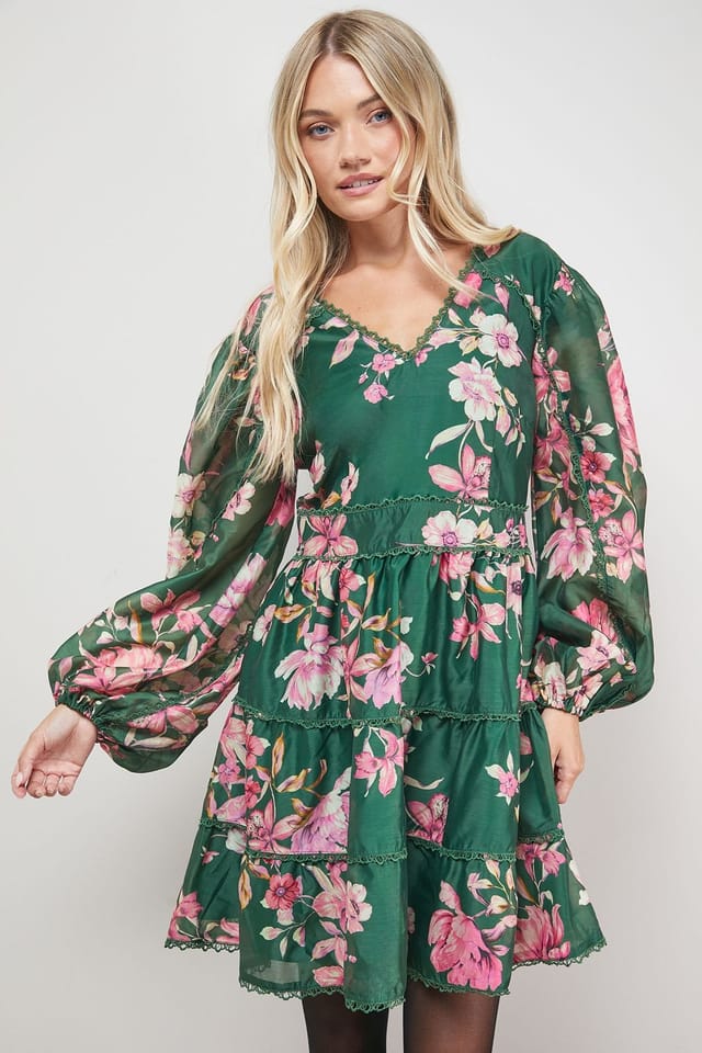 Oasis Oasis Women's Printed Trim Detail V Neck Tiered Mini Dress - 2