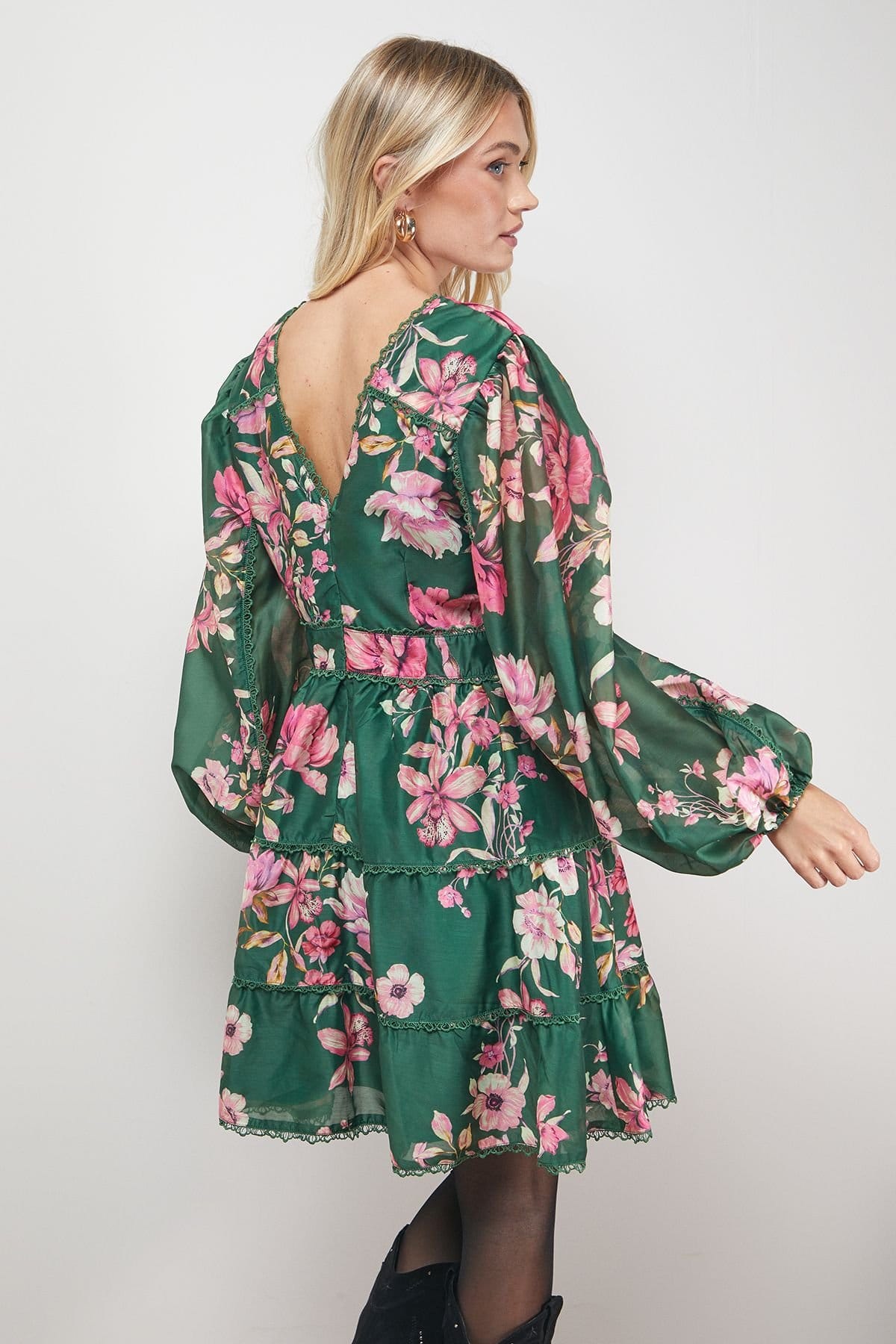 Oasis Oasis Women's Printed Trim Detail V Neck Tiered Mini Dress - 4