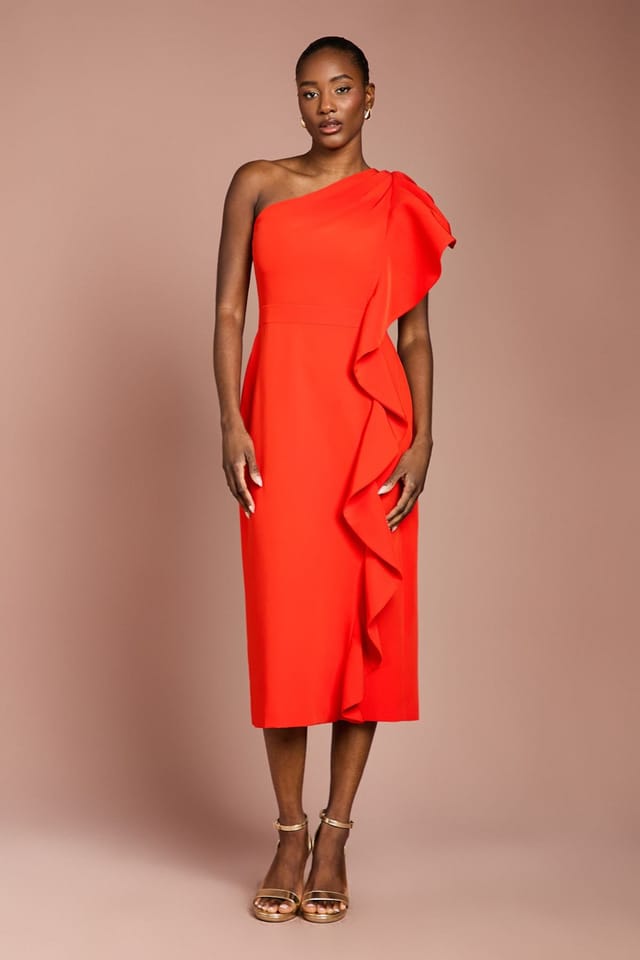 Coast Coast Women's One Shoulder Ruffle Crepe Pencil Midi Dress in Flame Red - 2