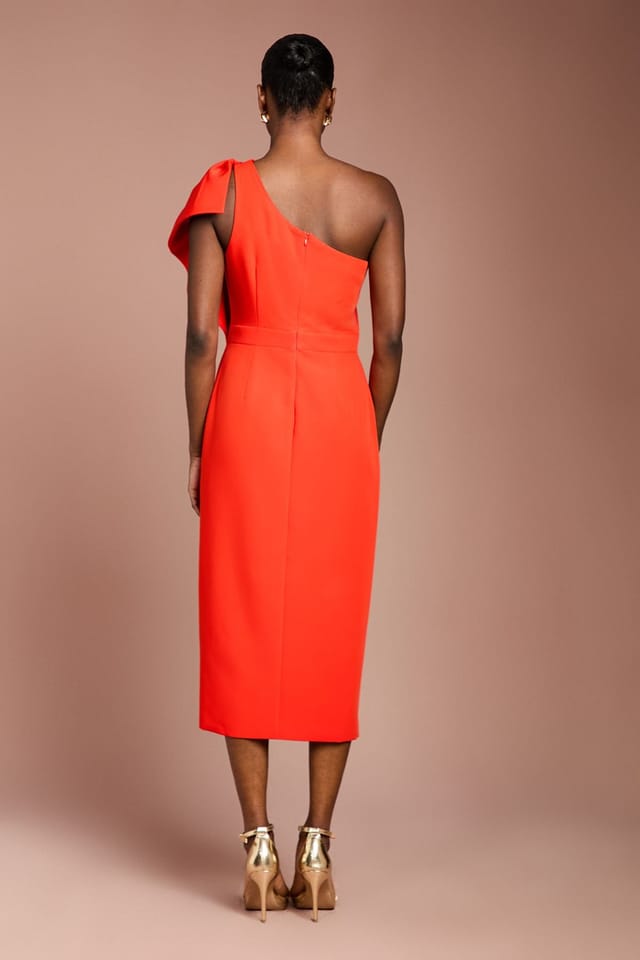 Coast Coast Women's One Shoulder Ruffle Crepe Pencil Midi Dress in Flame Red - 3