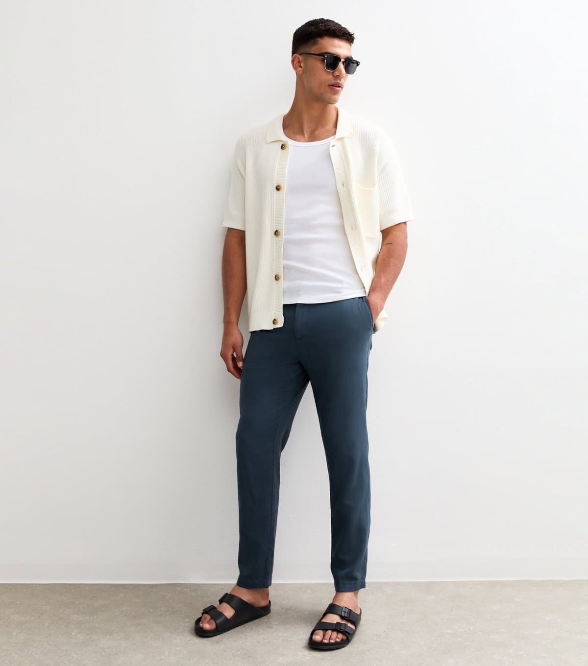 New Look Men's Dark Blue Regular Tapered Leg Linen Blend Trousers New Look