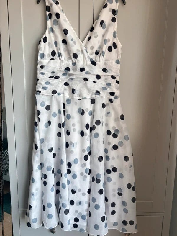 Monsoon White Polka Dot Cotton Midi Dress UK 12/14 Fit & Flare