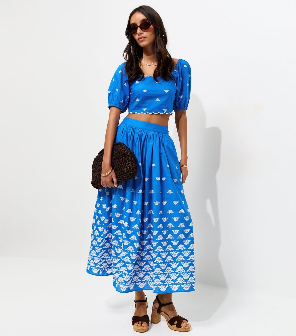 New Look Women's Bright Blue Flower Print Scalloped Edge Crop Top New Look