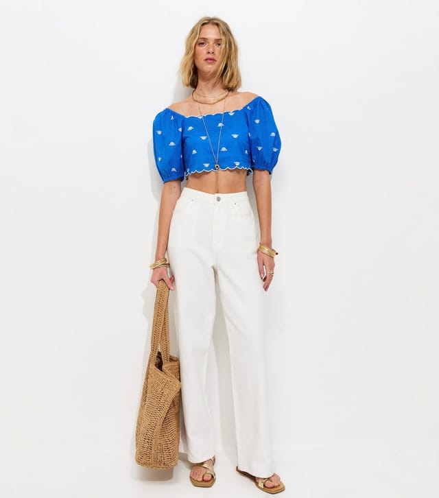 New Look Women's Bright Blue Flower Print Scalloped Edge Crop Top New Look - 2