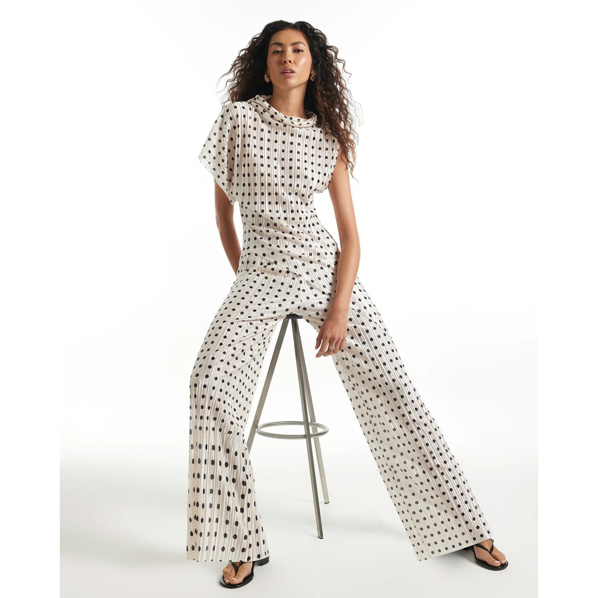 River Island River Island Womens White Spot Plisse Wide Leg Trousers