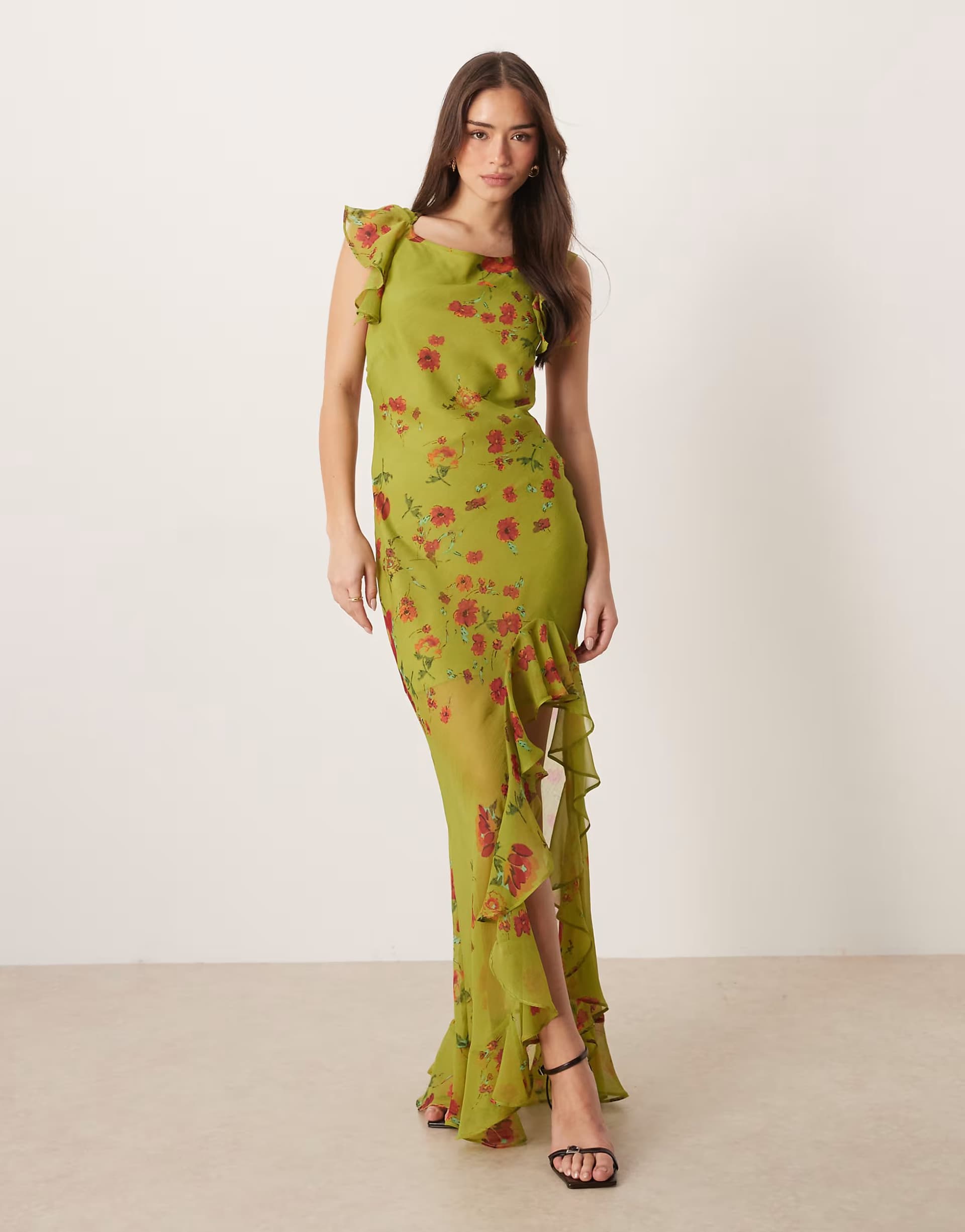 ASOS ASOS DESIGN frill sleeve cowl asymmetric hem maxi dress in green floral