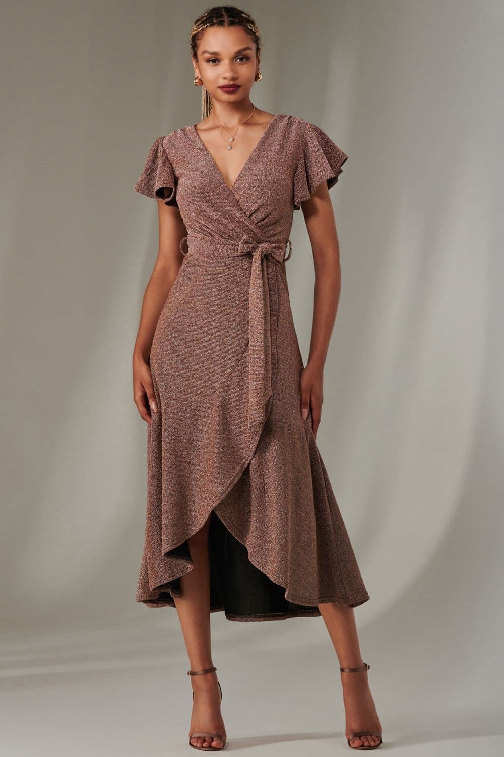 Jolie Moi Jolie Moi Women's Marlie Metallic Angel Sleeve Maxi Dress in Metallic Gold