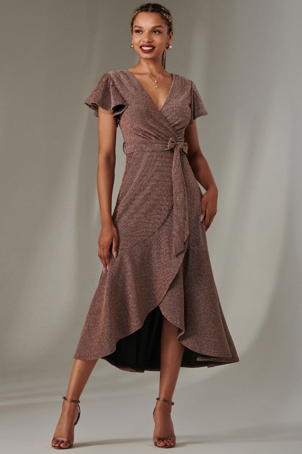 Jolie Moi Jolie Moi Women's Marlie Metallic Angel Sleeve Maxi Dress in Metallic Gold - 4