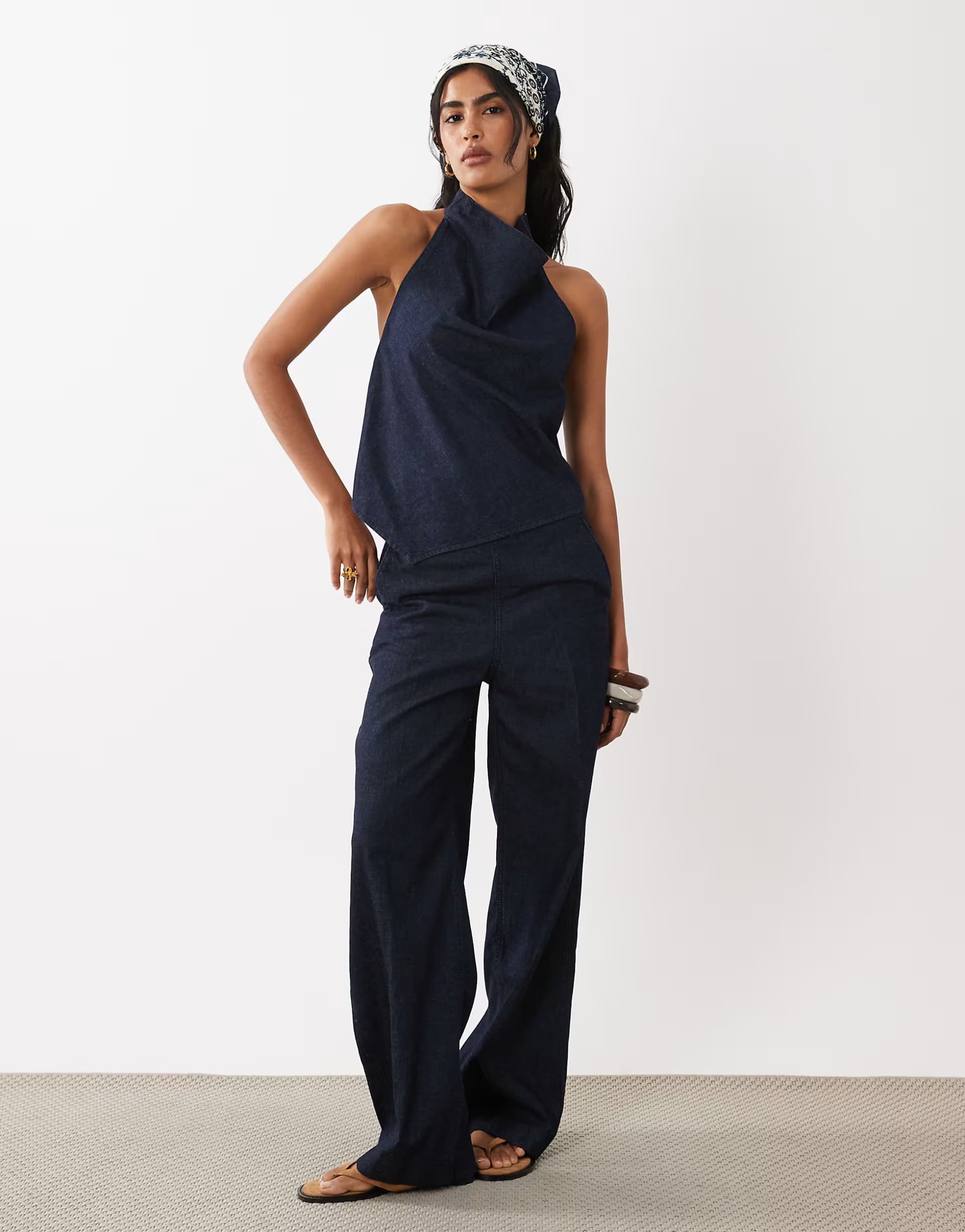 ASOS Mango Carla linen mix halterneckdenim top & trouser co-ord in indigo