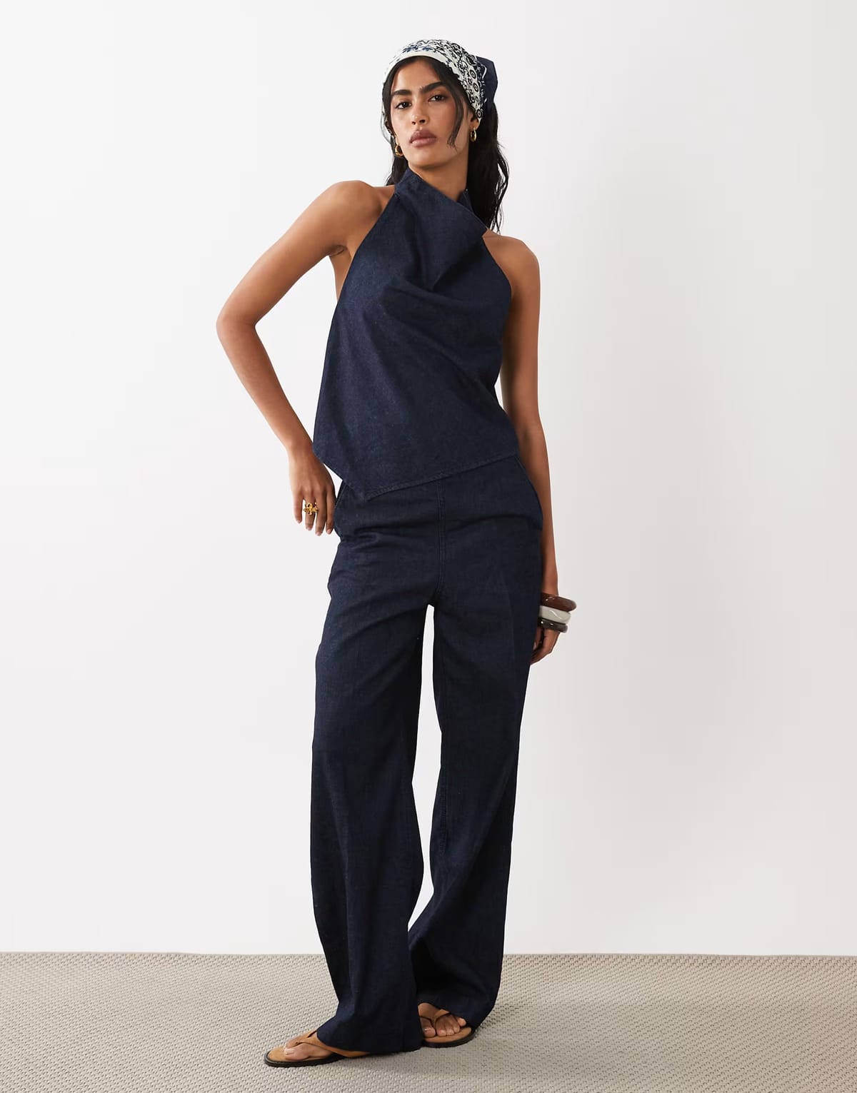 ASOS Mango Carla linen mix halterneckdenim top & trouser co-ord in indigo - 1