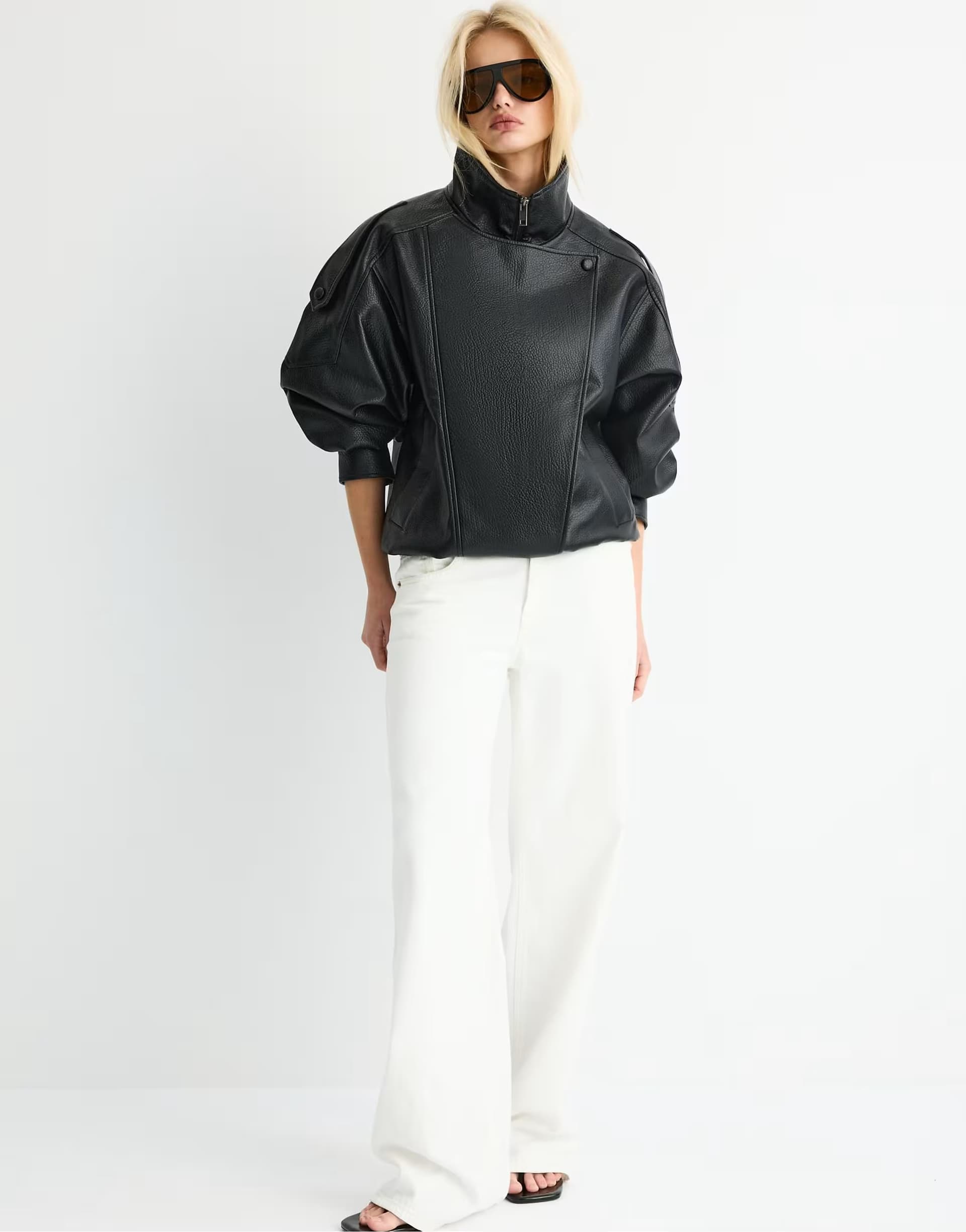 ASOS Stradivarius Oversize faux leather biker jacket in black