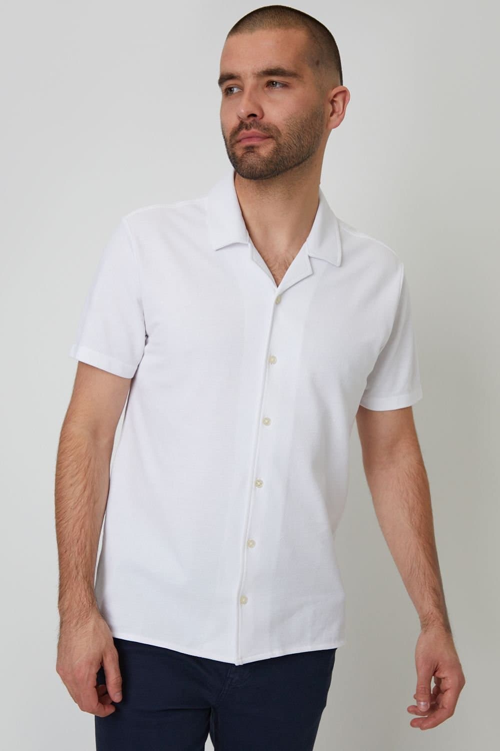 Threadbare threadbare Men's Cotton Pique Revere Collar Short Sleeve Shirt in White