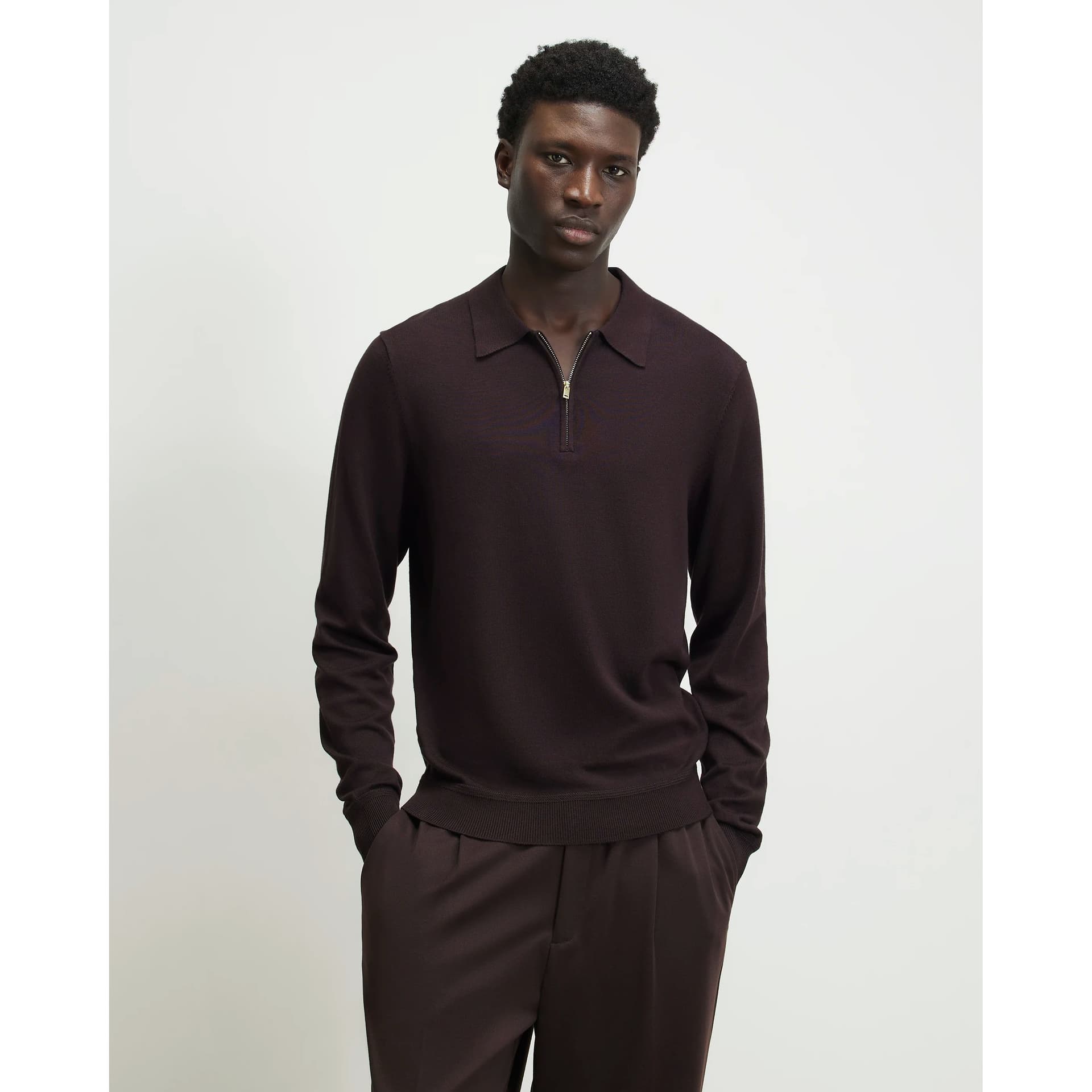 River Island Mens River Island Red Slim Fit Long Sleeve Polo Shirt