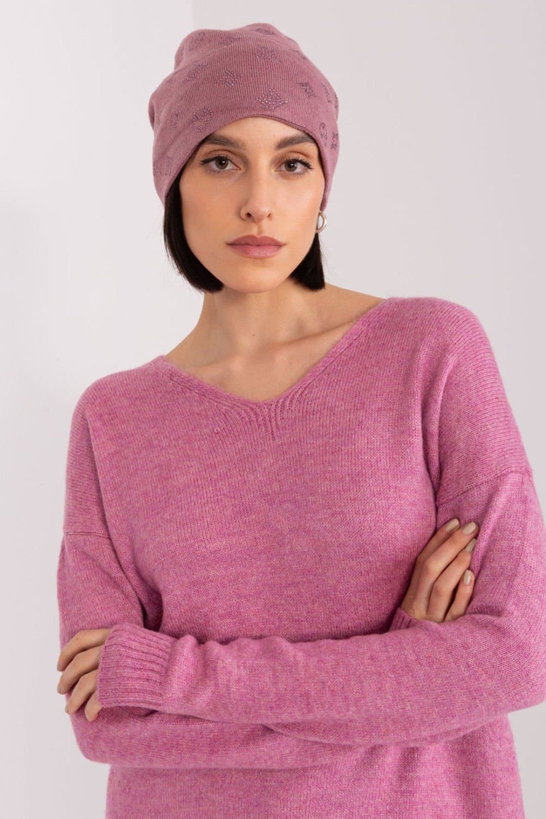 Love Lace Love Lace Women's Warm Winter Soft Cashmere Beanie Hat with Rhinestone Decoration in Dusty Pink