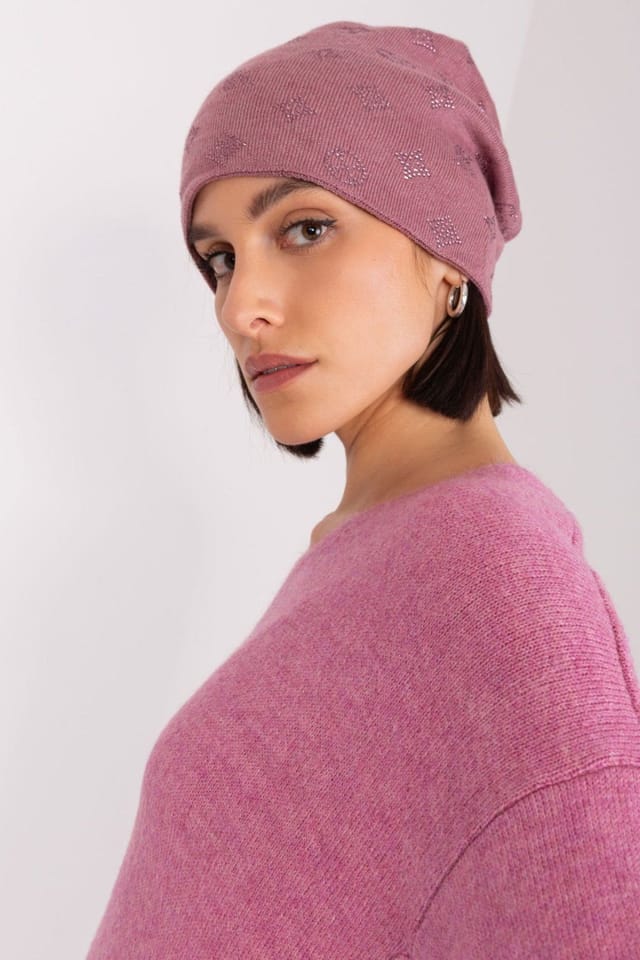 Love Lace Love Lace Women's Warm Winter Soft Cashmere Beanie Hat with Rhinestone Decoration in Dusty Pink - 2
