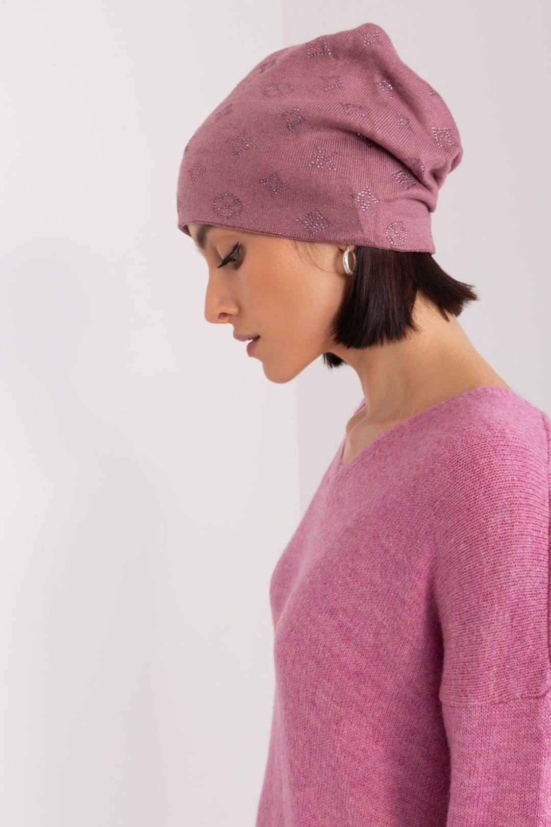 Love Lace Love Lace Women's Warm Winter Soft Cashmere Beanie Hat with Rhinestone Decoration in Dusty Pink - 4